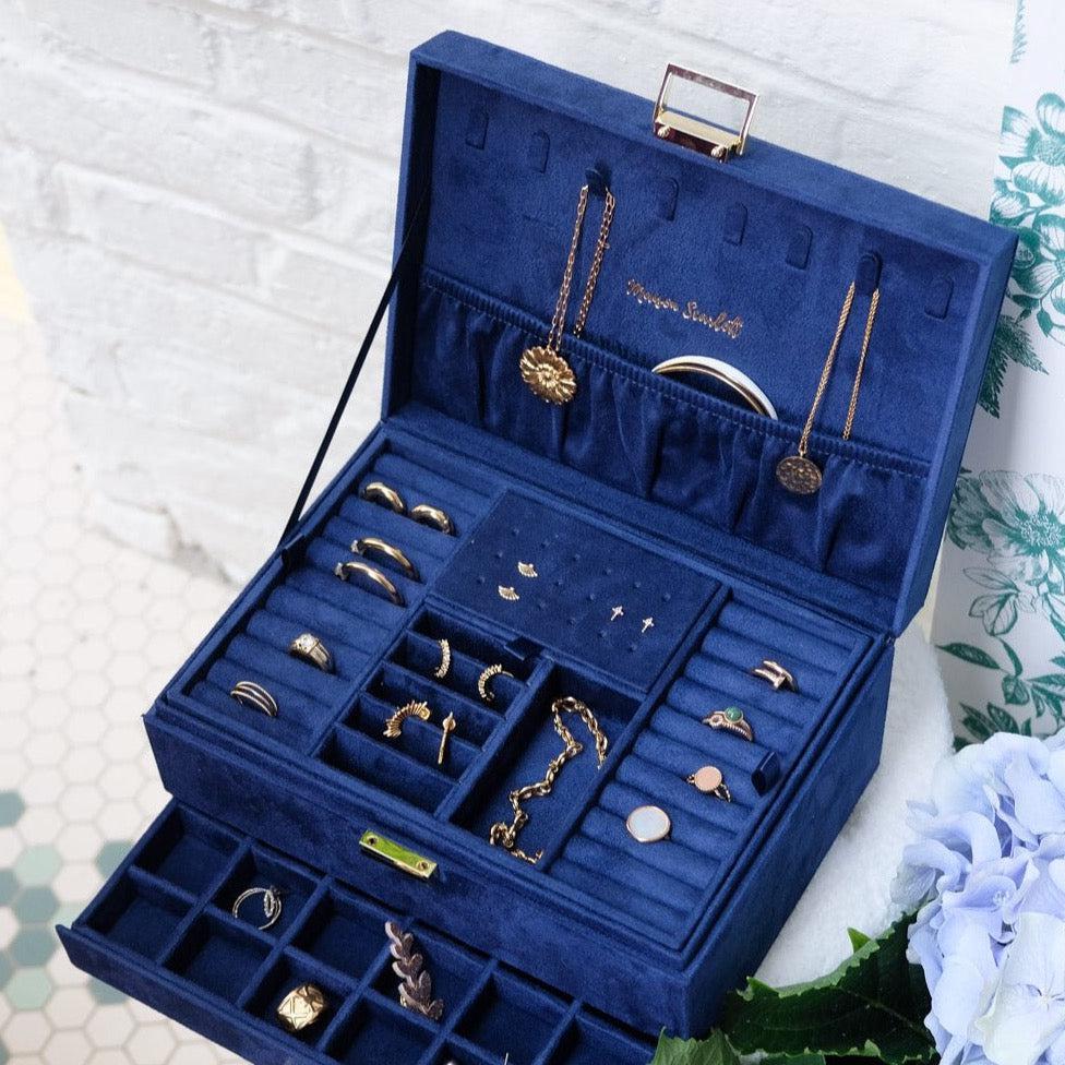 Maison Scarlett Dark Blue Denise Jewellery Box - w/ drawer-Breda's Gift Shop